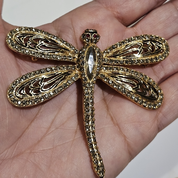 Vintage Jewelry - Vtg Gold Dragonfly Brooch  Rhinstones Black Enamel Umarked Possibly Vogue 3" x 2